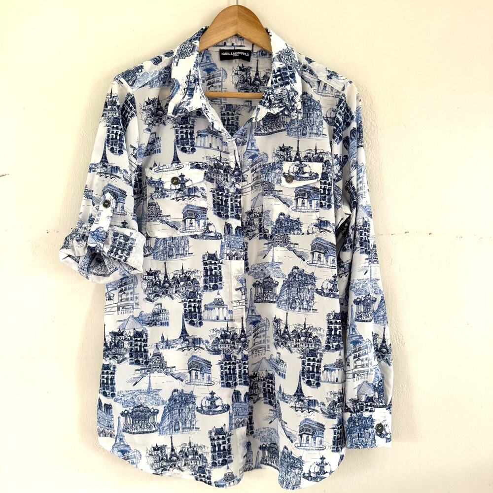 Karl Lagerfeld Paris Roll Tab Blouse Novelty Print Eiffel Tower Large White Blue